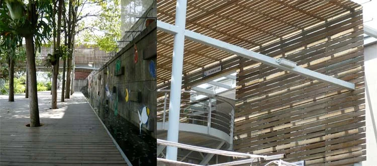 The brightly coloured animal artworks on the wall (left) are illuminated at night, and supplemented at Christmas by other installations throughout the park, drawing big crowds. The Planning Department (right) enjoys prime position in the centre of the park.