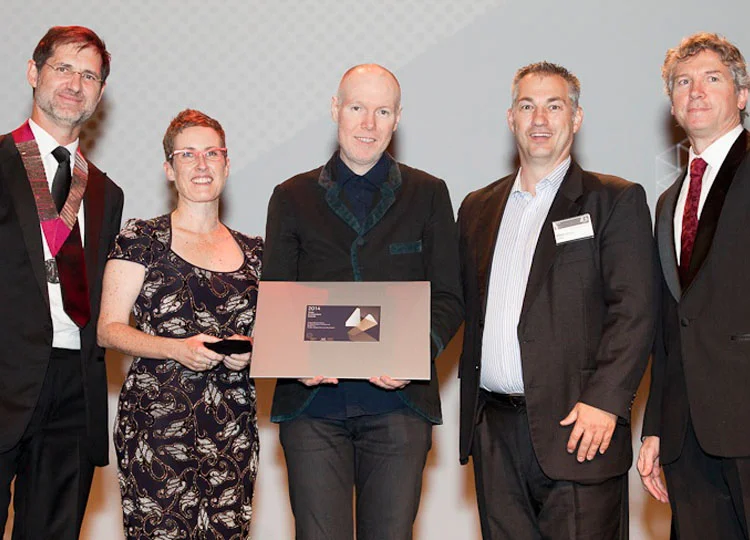 L-R: Richard Kirk, Queensland Chapter President, AIA; Amalie, Richard, Scott Hutchinson, Hutchinson Builders, State Sponser; Liam Proberts, Queensland Awards Jury Chair. Image: Narelle Robinson.