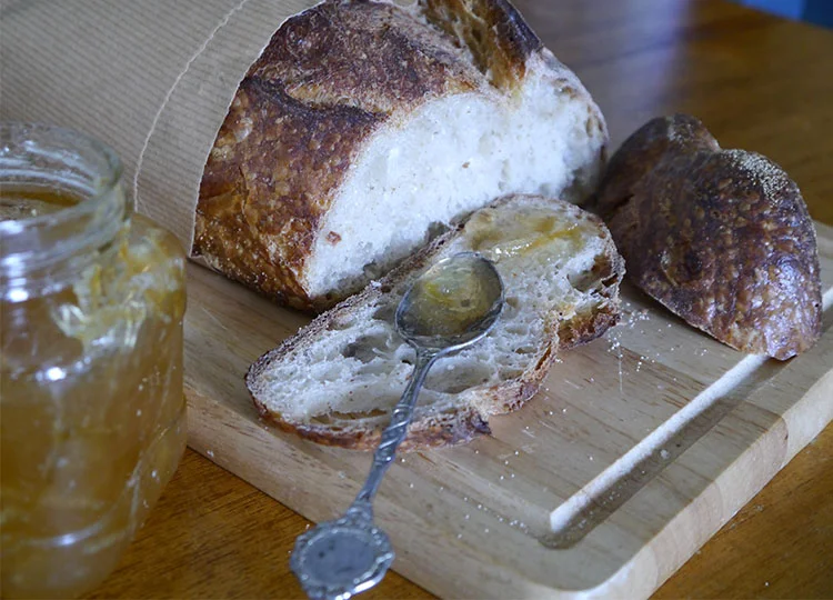 Phil's fresh sourdough about to be slathered with my mum's lemon marmalade. Oh yeah!