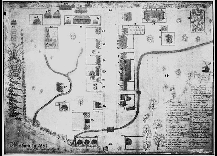 Plan of Brisbane in 1844 showing the Windmill in the centre right of the page. Image: State Library of Queensland.