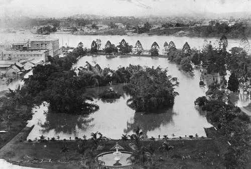 The Gardens in flood, as viewed from Parliament House, 1890.