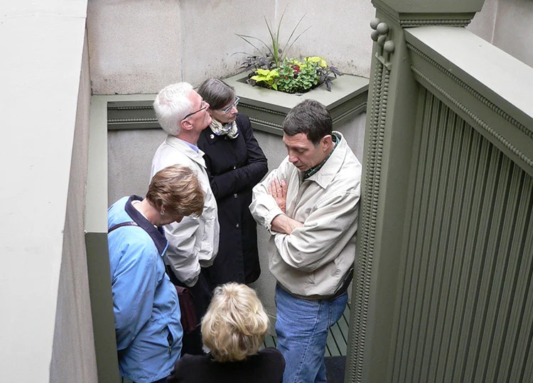 Small-scale patience: waiting in line to visit a Frank Lloyd Wright house in Oak Park.