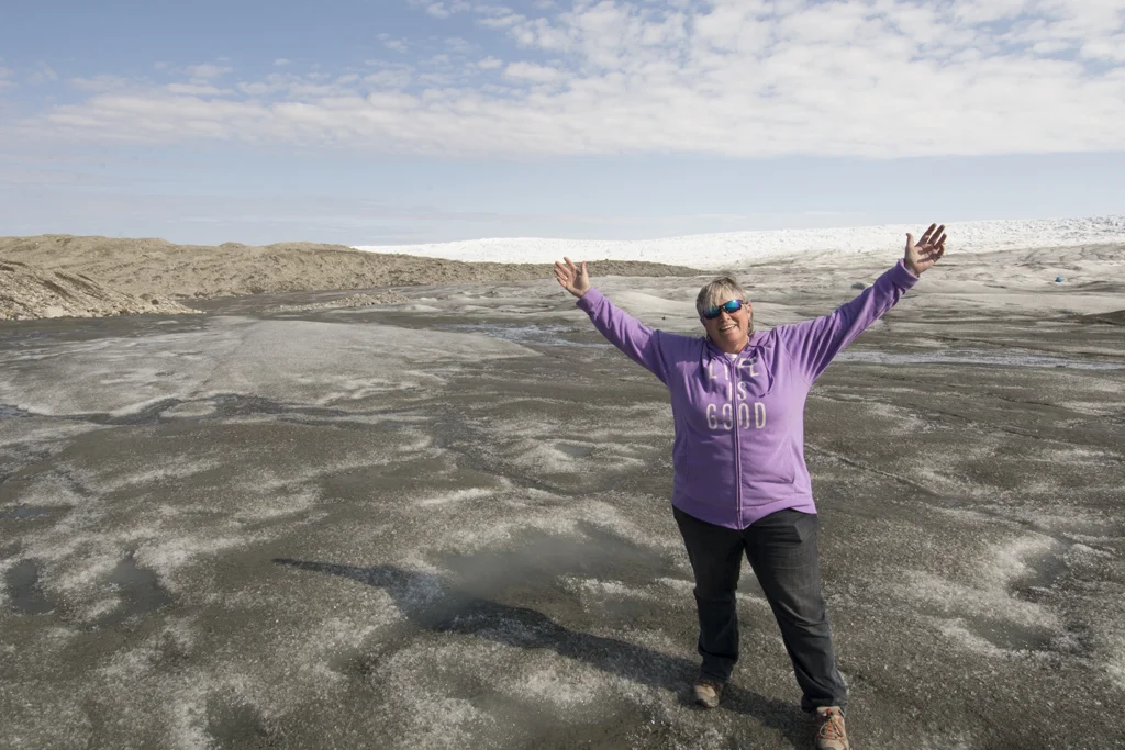 Shelley, standing on the greenland ice sheet, the second biggest ice sheet in the world (antarctica is the biggest). many glaciers flow from this ice sheet and many large ice bergs floating in the atlantic ocean are 'born' from these glaciers.