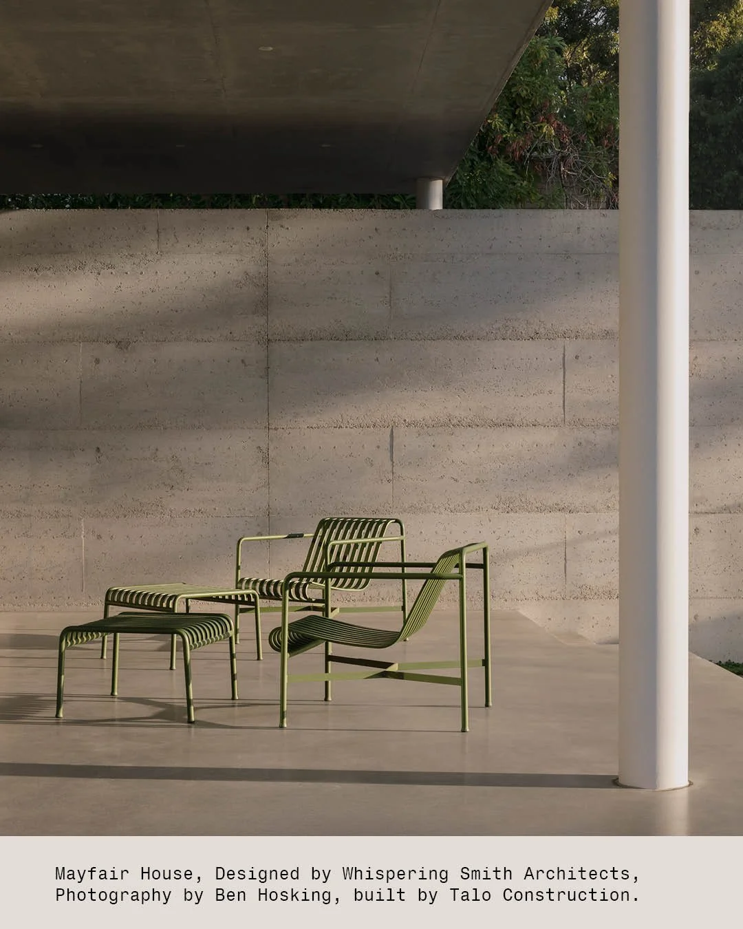 Mayfair&rsquo;s got a tough exterior&mdash;thick concrete walls that hold the house and yard in place.

They give a real sense of enclosure, but not in a shut-off kind of way. From inside, the views borrow across to the golf course beyond. It&rsquo;s