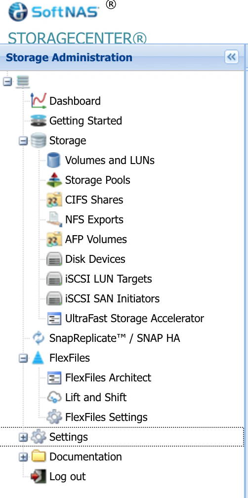 Screenshot of SoftNAS Navigation Menu