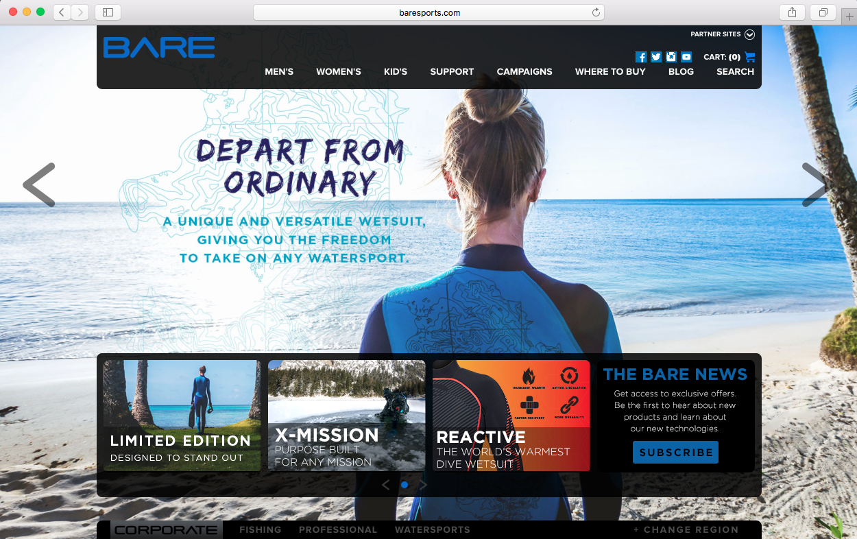 Marquee slider and product tile on Bare Sports landing page