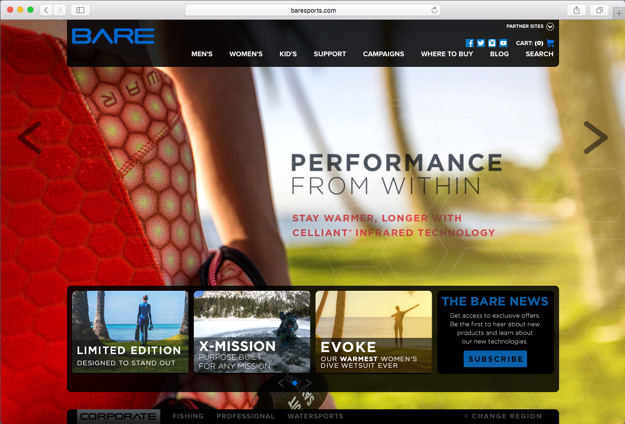 marquee slider and product tile on Bare Sports landing page