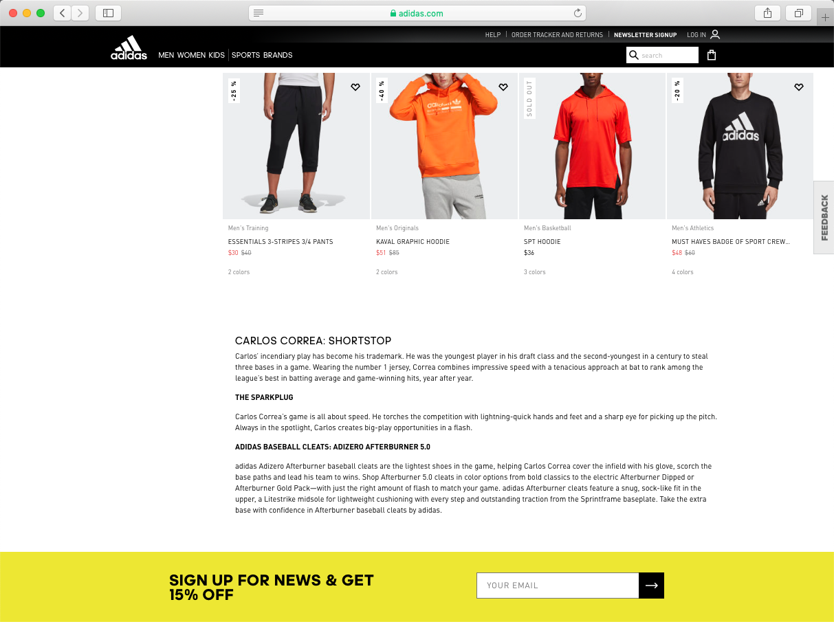 similar to the nhl hockey treatment, we did a campaign landing page and product landing pages featuring each of the adidas baseball players. i concepted the terminology to classify each player by style and created seo footers for each player’s plp—like this one for carlos correa .