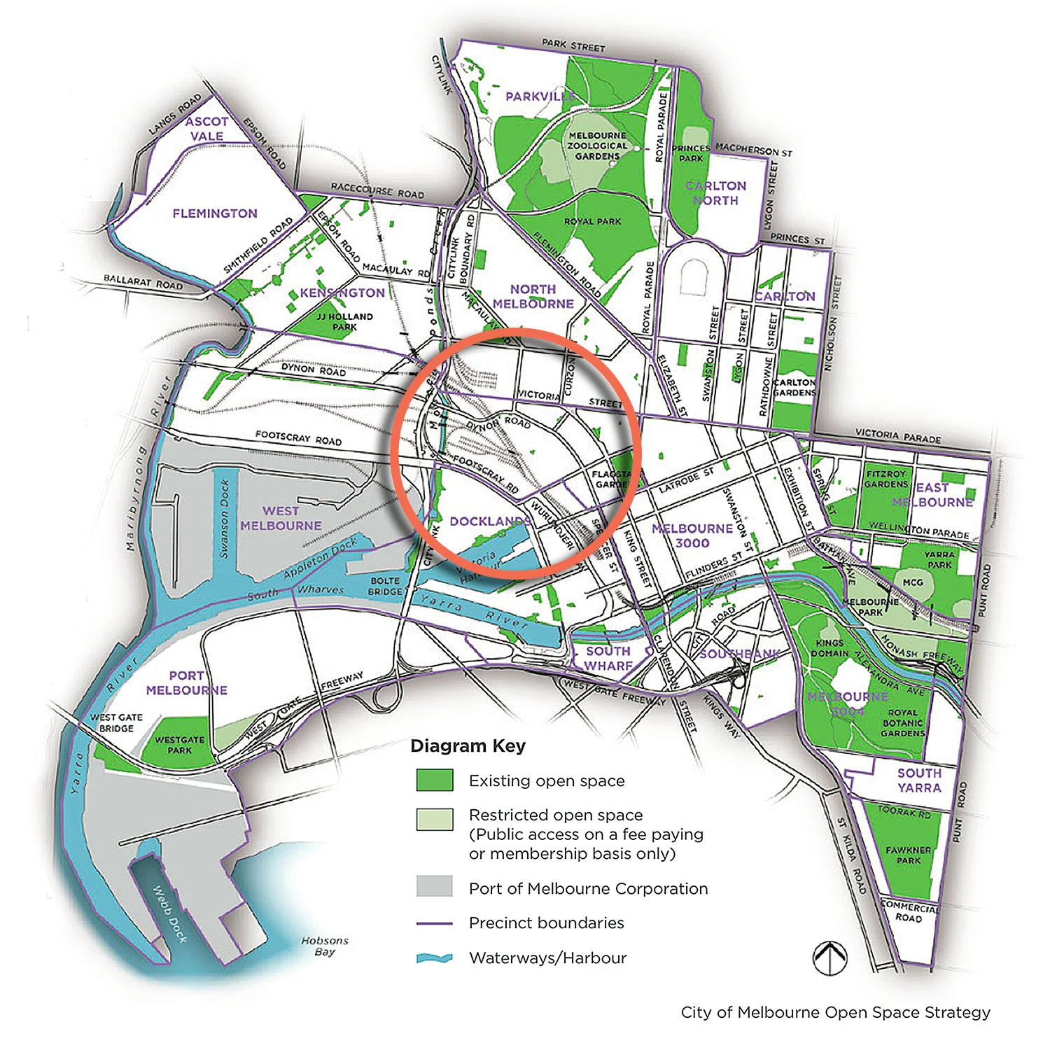 This is a map of parkland from the City of Melbourne Open Space Strategy. The orange circle represents an area 2-kilometres across. North Melbourne Train Station is at the centre of the circle. The green dot in the middle is Hawke St / Adderley St Park pictured at the top of this page... it is about the size of a basket ball court.