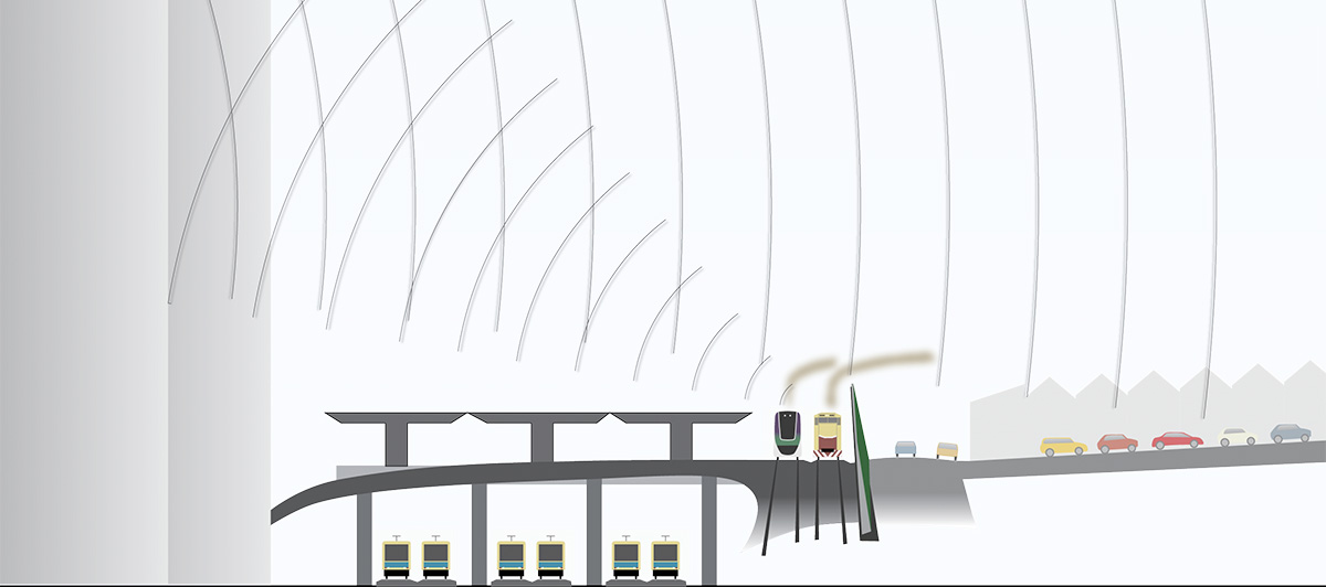 The Regional Rail Link installed a large sound wall to reduce noise impacting on Railway Place and West Melbourne residents. The problem is that for now, this wall will reflect found back towards Docklands and the E-Gate site. 