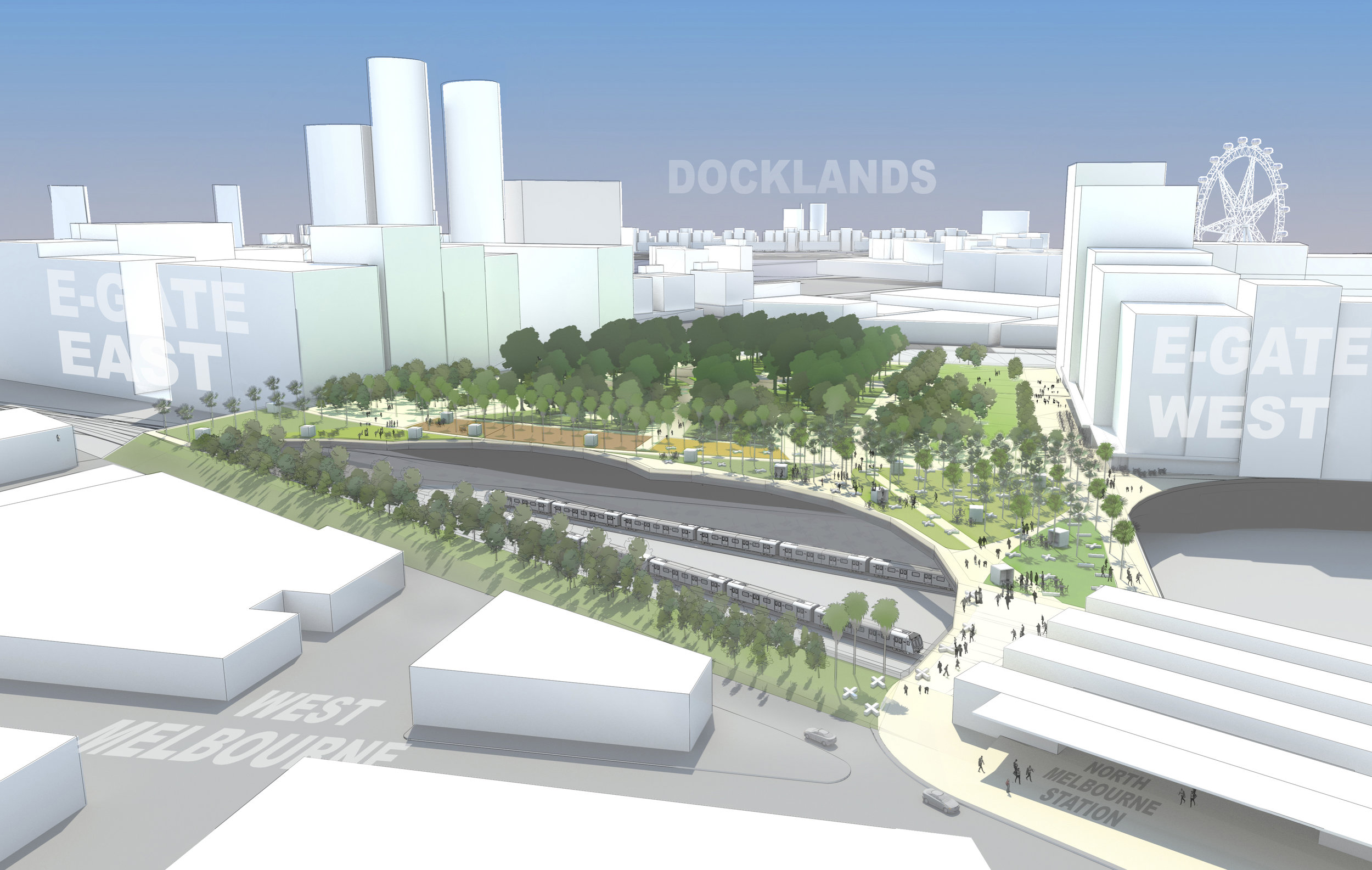 Western Connection is proposing that parkland can be central to the E-Gate development. North Melbourne train station is in the lower right corner of the picture. 