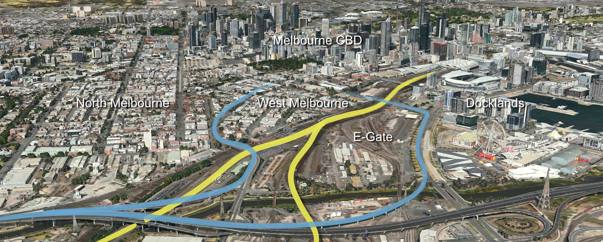 The existing access ways about the E-Gate site. The Blue lines represent road traffic coming in from the north off Citylink, the Yellow lines are regional and interstate trains that pass the site everyday as they arrive in the Southern Cross Train Station. 