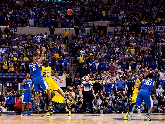 Aaron Harrison went 0-4 in the first 32 minutes of the game. For the Final 8 minutes he scored 12 points, going 4-4 from behind the 3-point line, also knocking down the game winning shot with 2.7 seconds left on the clock. (David E. Klutho/SI)