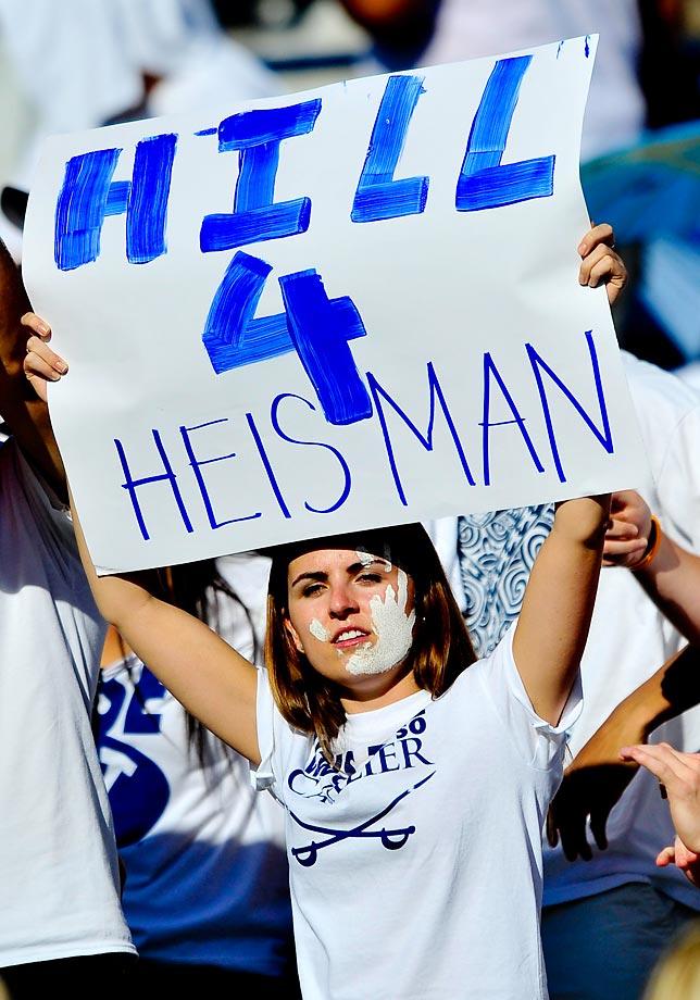 A BYU fan give her vote for Heisman. Taysom Hill has scored 13 total touchdowns this season in only 4 games. It's without question he is an early favorite for the Heisman. He must continue to produce and the Cougars must keep winning. (Boyd Ivey/Icon Sportswire)