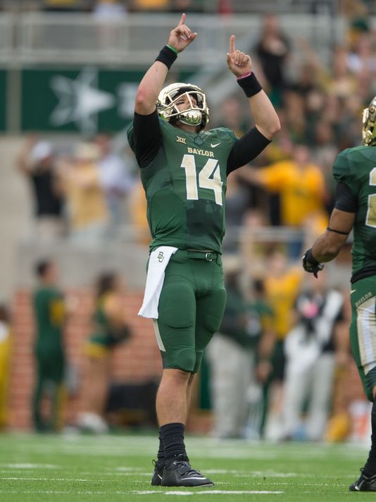 Bryce Petty didn't have his best game numbers wise, but this comeback victory against TCU will be one of his most memorable. The Bears were down 37-58 with 11:38 left in the 4th quarter. They went on to score the final 24 points of the game, Bryce finishing with 500 yards and 6 TDs. (USA Today Photo) 