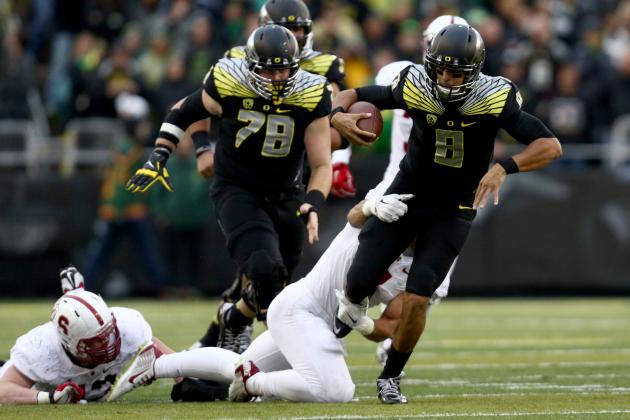 Marcus Mariota and the Oregon Ducks ended a 2-game losing streak against Stanford, scoring the most points against the Cardinals since 2011. Mariota is still a Heisman hopeful with 33 total TDs on the season but I'm sure his main concern for the rest of the season will be to keep the Ducks is playoff contention, which will help his Heisman consideration. (AP Photo)
