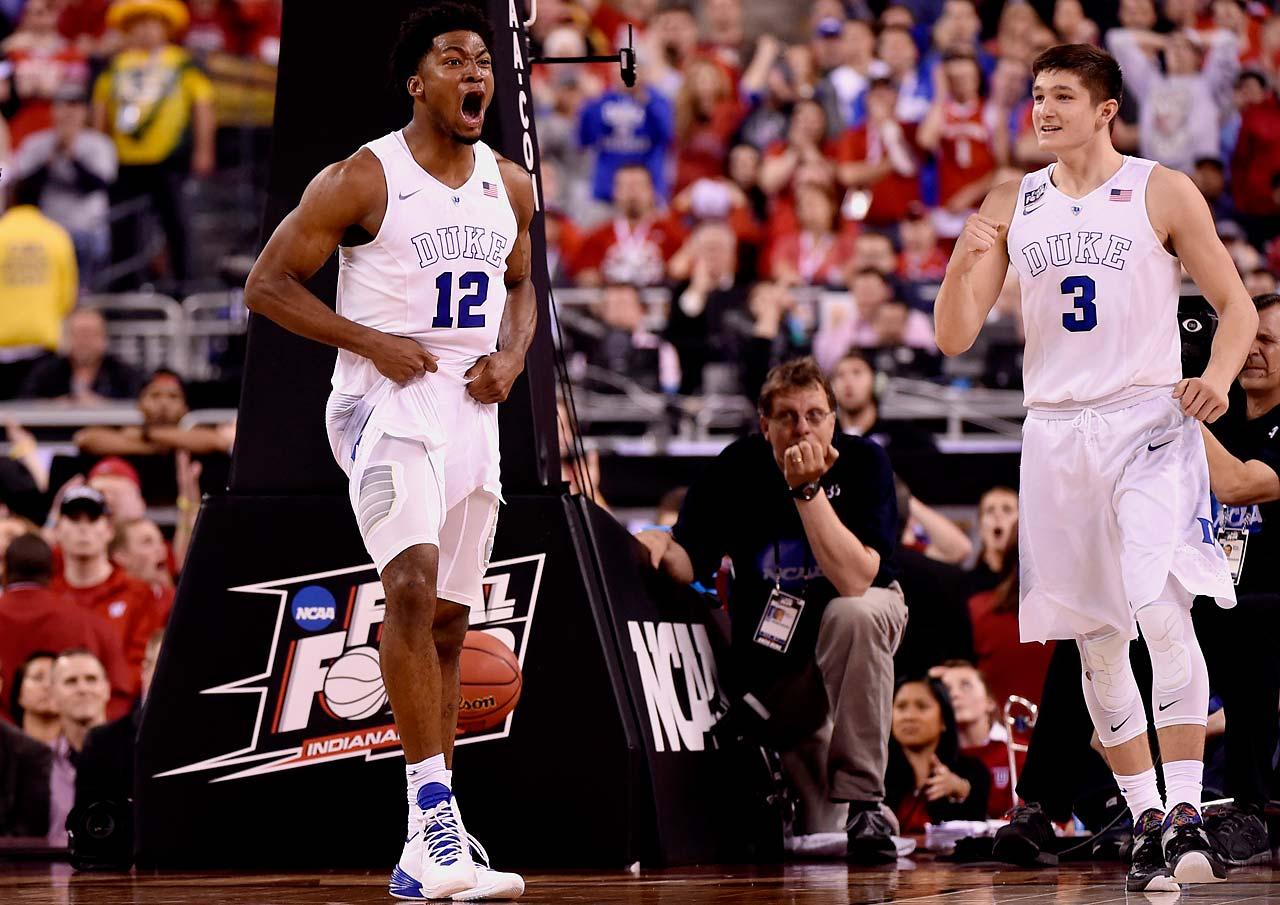 Justice Winslow(21) and Grayson Allen(3) both left their mark in this game with some tough defense and a few good buckets. Allen scored 10 of his 16 points in the 2nd half and was the motor that kept Duke in it with his hustle plays. (Greg Nelson/Sports Illustrated)