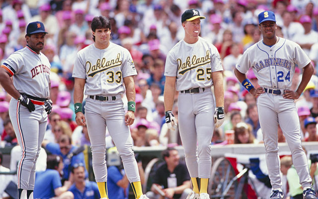 Left to right, Cecil Fielder, Jose Canseco, Mark McGwire, and Ken Griffey Jr. In the 1990 Home Run Derby these 4 combined for one Home Run from Mark McGwire. Stinky. (Getty Images)