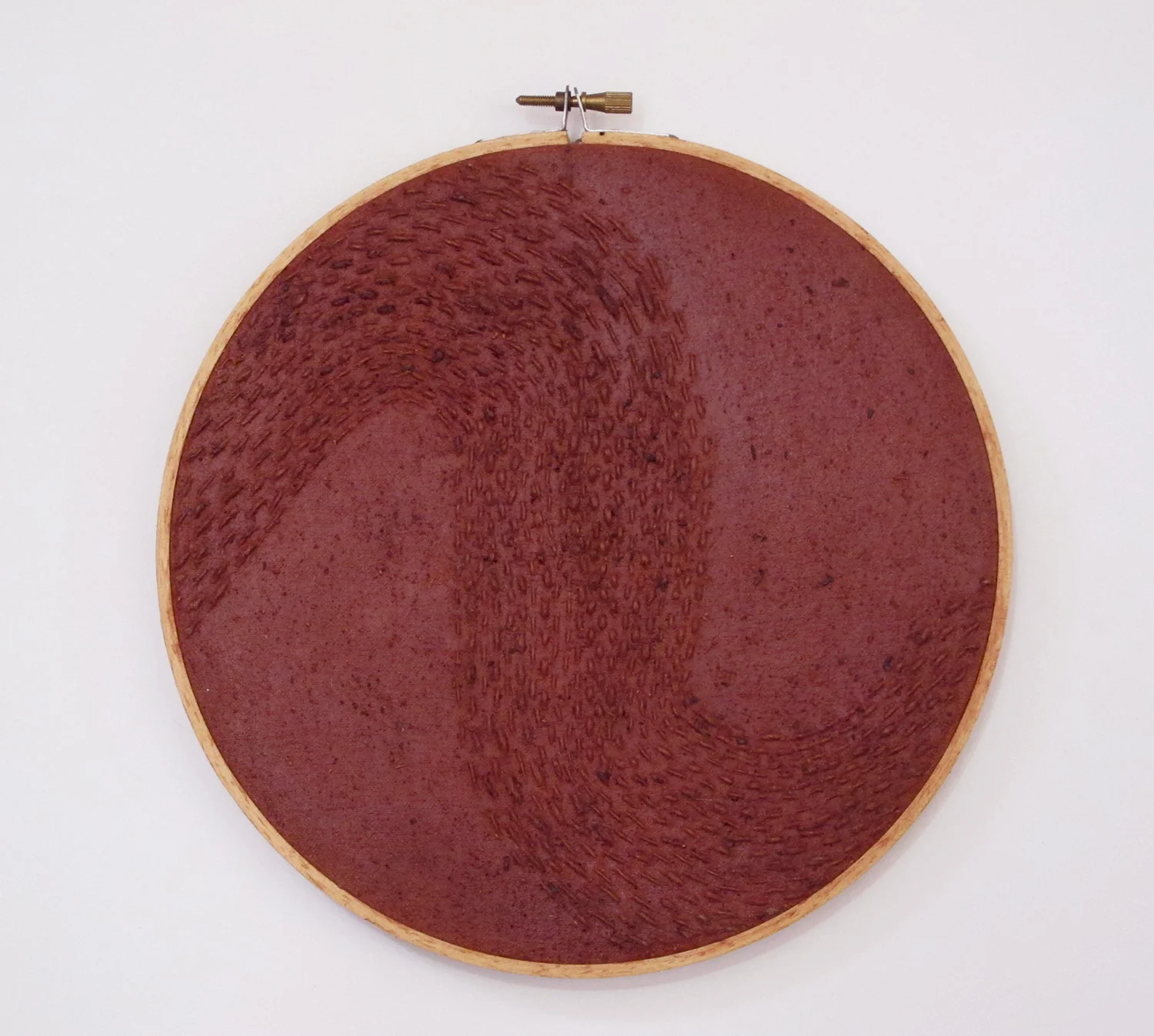  3. Holly Story,  Red Rain  2014 (Detail), hand-stitched, embroidery hoops, linen, nettle thread, Marri kino, wax 