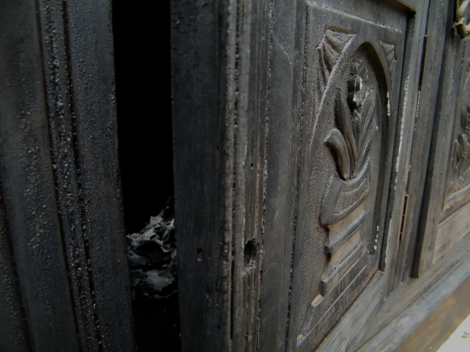  19. Nien Schwarz,  Hot World Buffet  (Detail 1) 2014, wooden sideboard, charcoal, paper, maps, digital print, plaster frame, $3,000 