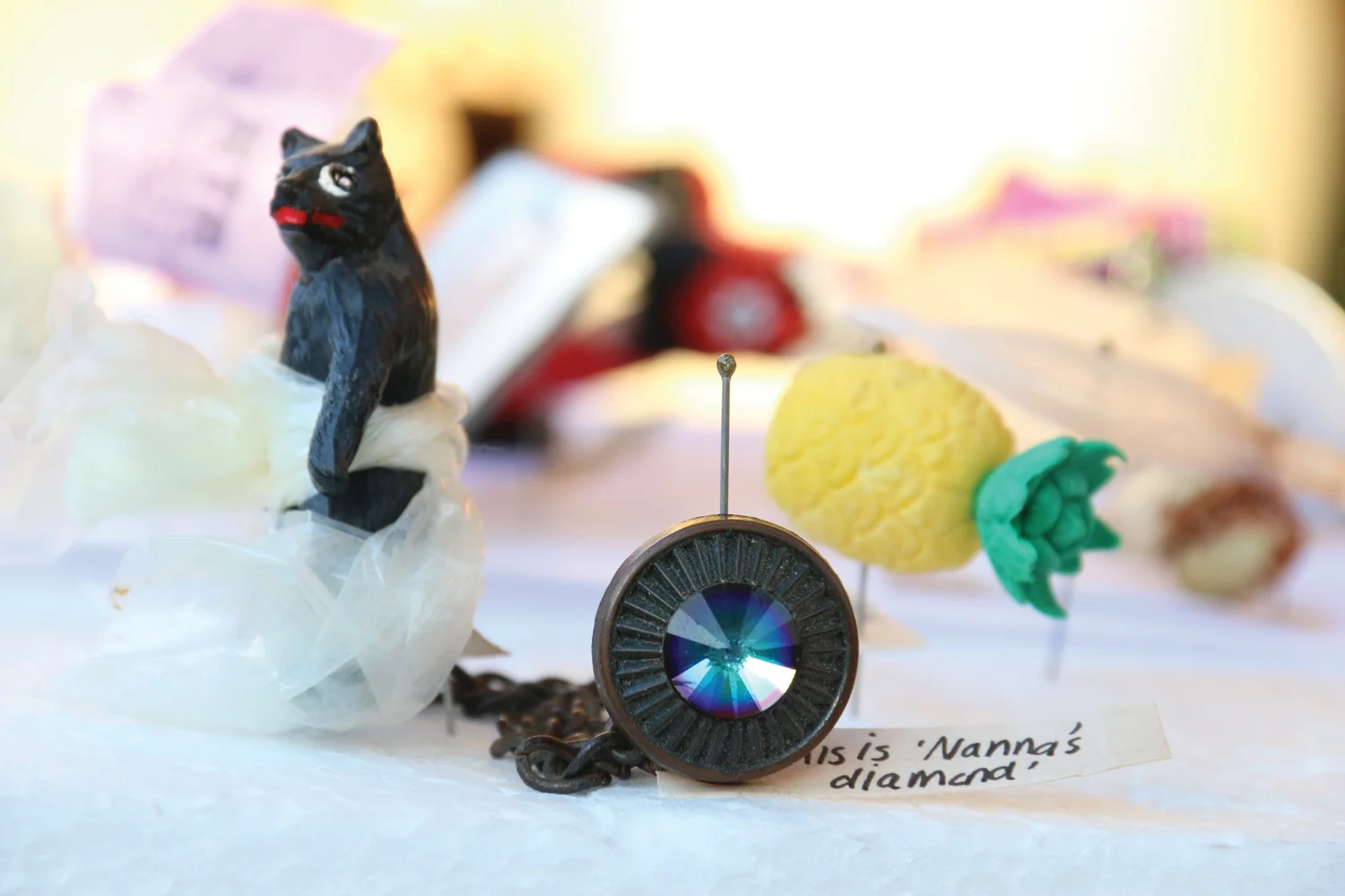  1 Amanda Alderson,&nbsp; I like all of my treasures  &nbsp;  1982-2014, found objects, entomological pins dimensions variable, NFS   NB: The title is a quote from a story I wrote in 1982 about Nanna’s ‘diamond’. 