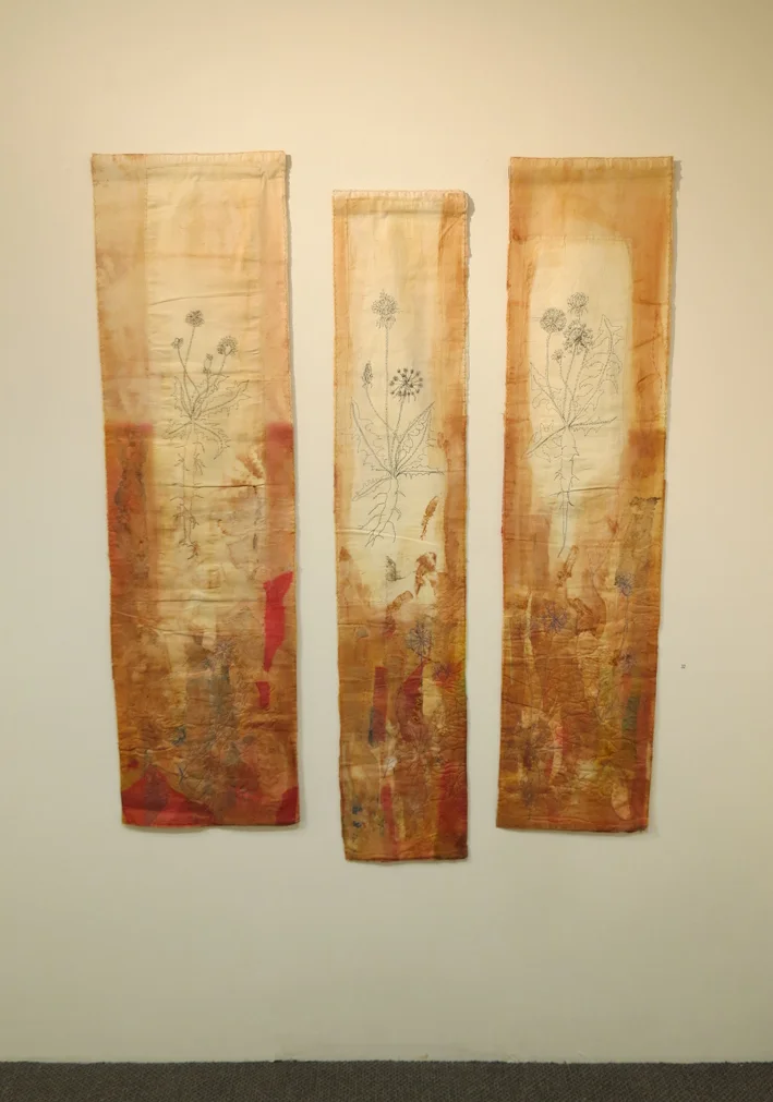  32. Cas Holmes,  Dent du Lion  (triptych), paper, textile, machine and hand stitched, $5000 set of 3 or individually 