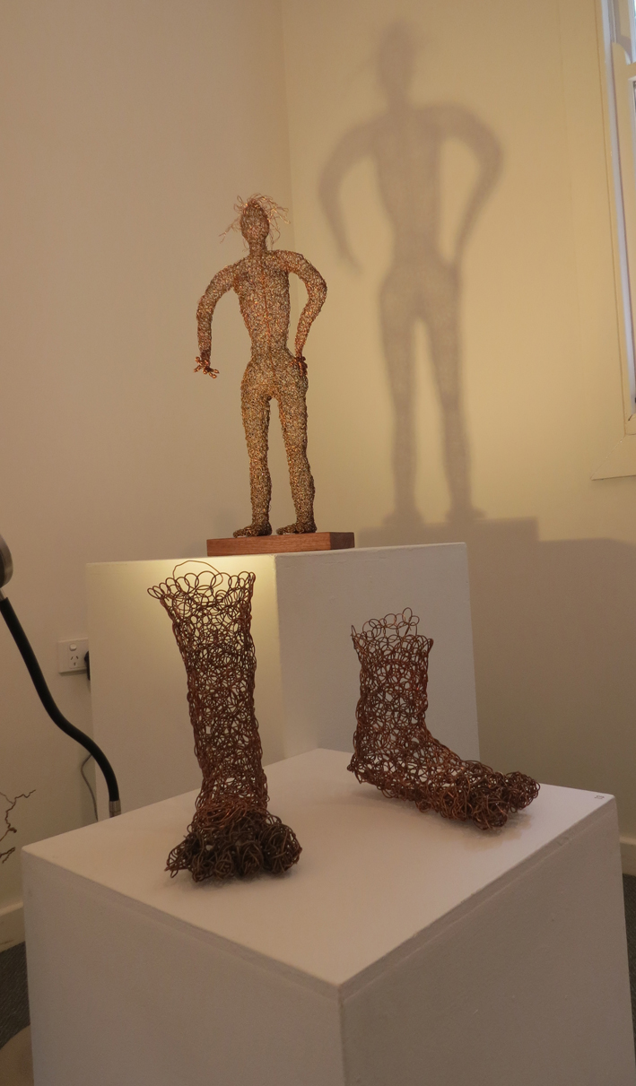 12, 13. Cathy Rankin, Standing Woman, copper wire on jarrah, $600, Copper Feet, WIP copper wire, POA 