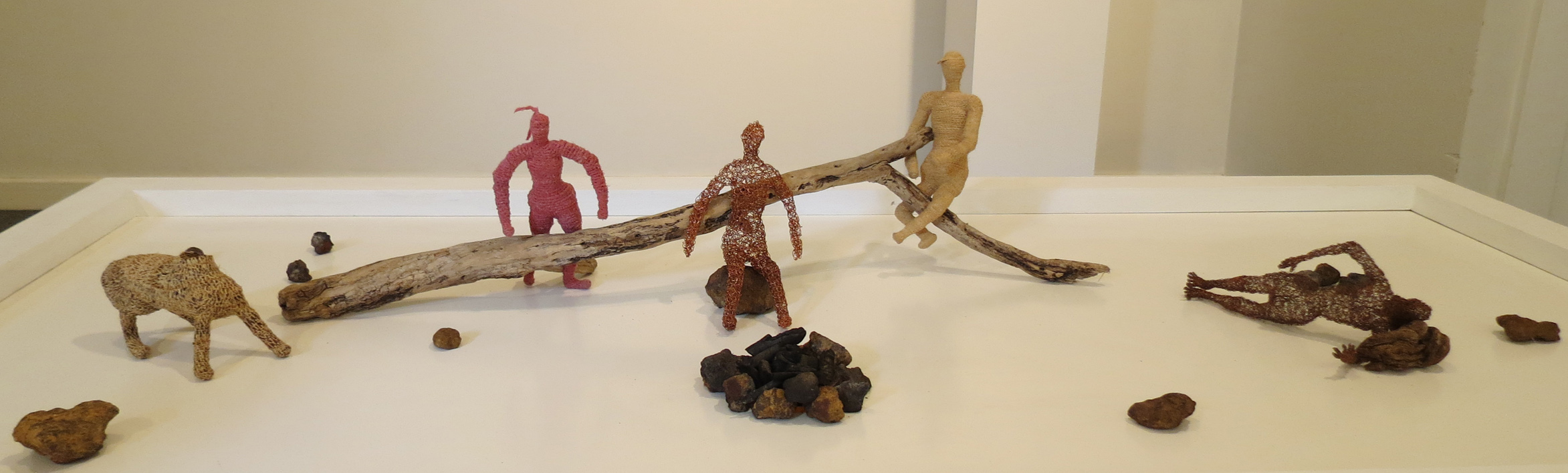  16-20. Cathy Rankin, Community Campfire, Dog (WIP), jonquils, raffia, $130, Pink Woman, Man Sitting, Raffia Man Sitting, Woman Laying Down, copper wire in vinegar and salt, $150 