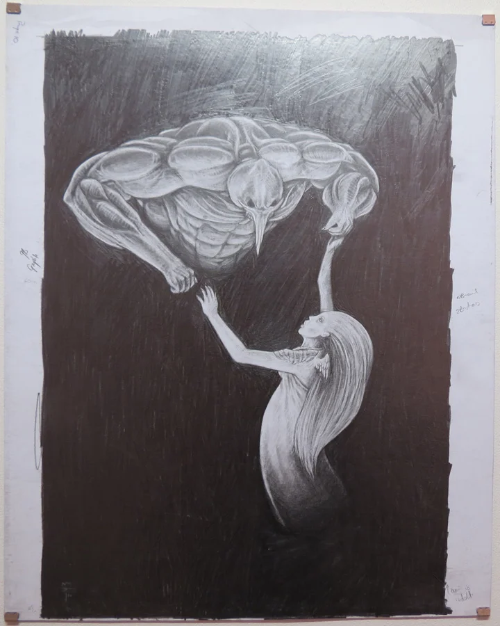  45.  The Battle of Good and Evil Begins  by Den Scheer, graphite on card, $430 