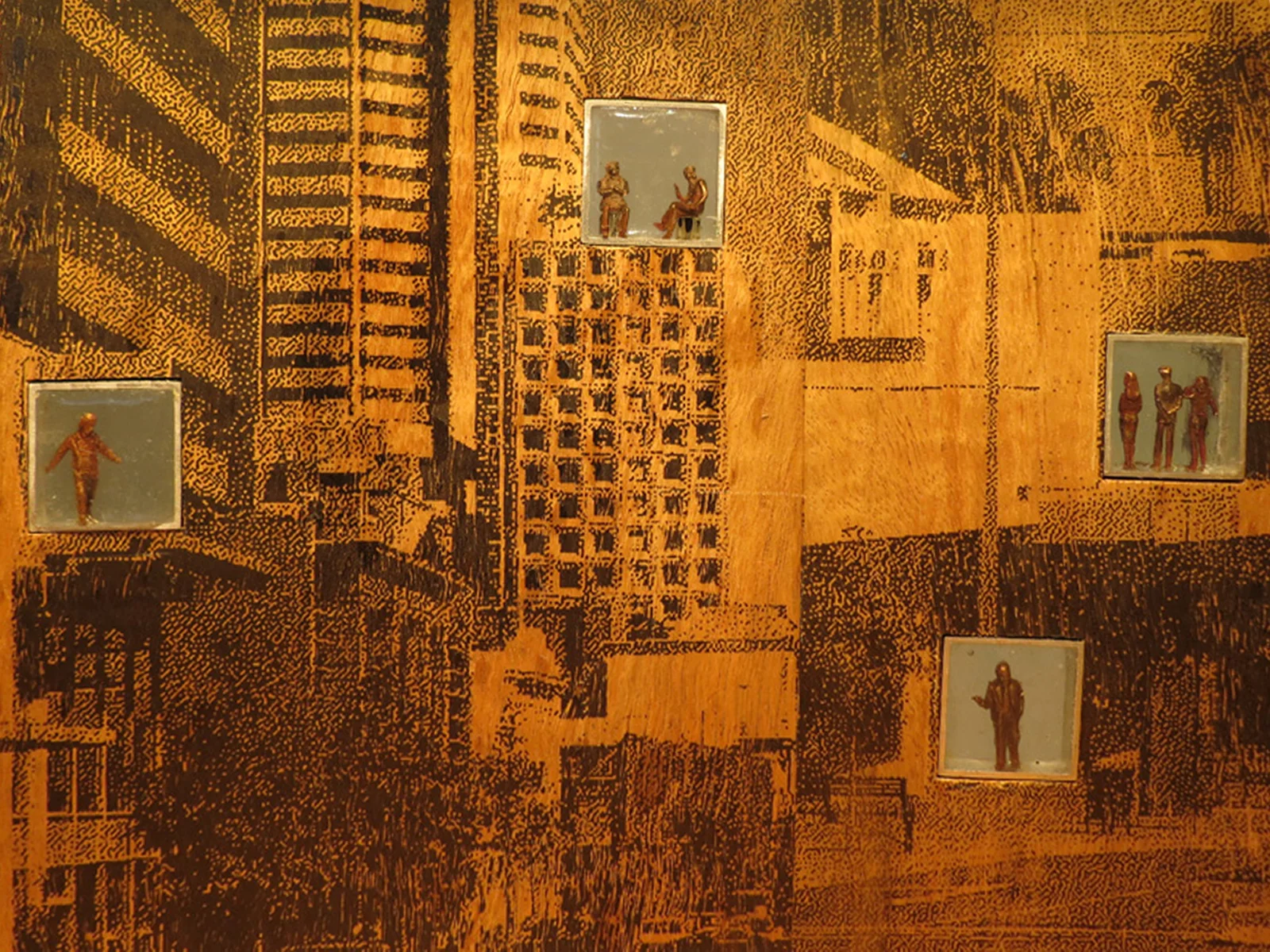  14.&nbsp; Lost in the Wood &nbsp;(detail),&nbsp;Megan Christie, Blackbutt, Marri, charred finish, screen printed veneer, cast copper figures, LED light,&nbsp;$6500 