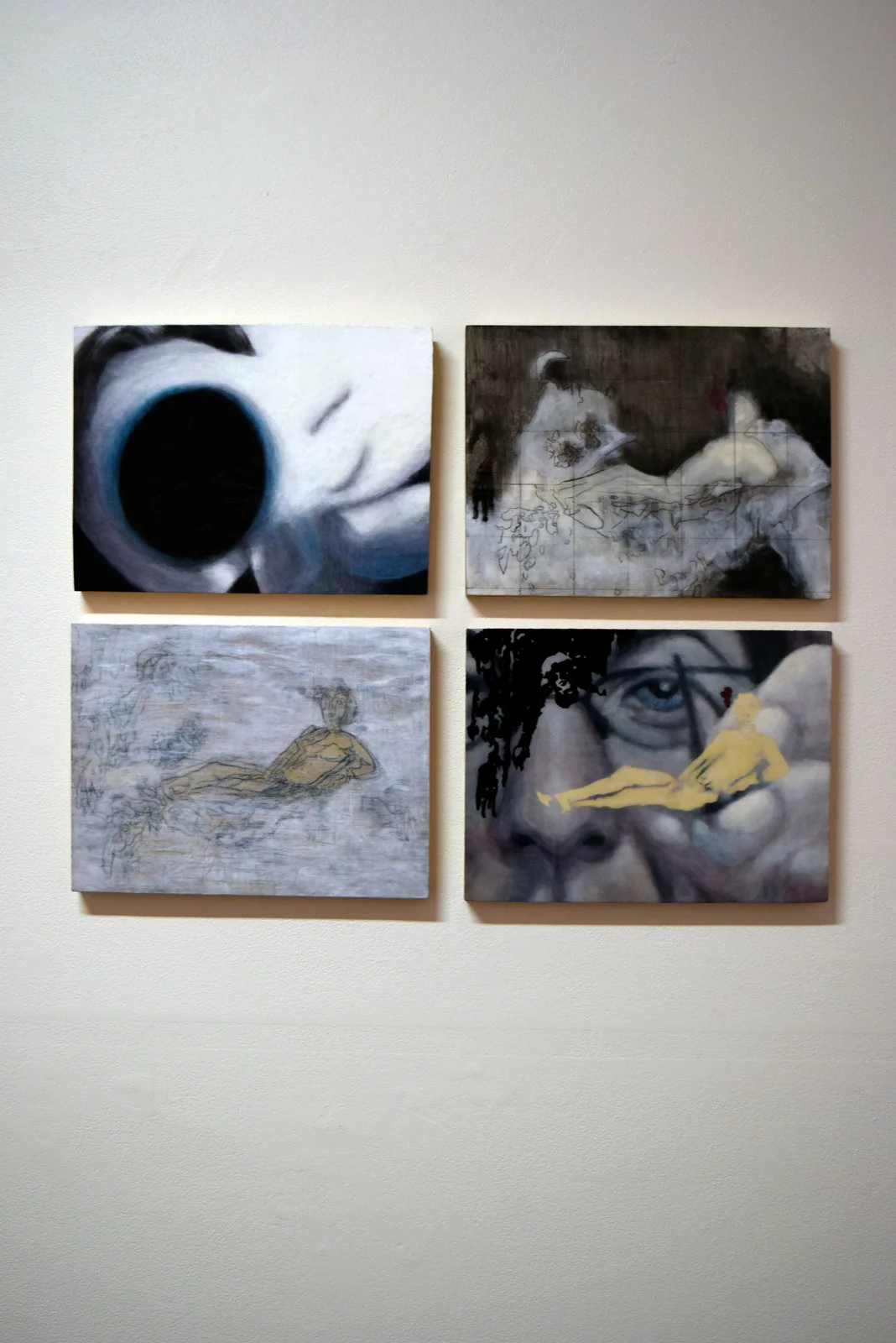  16 - 19.&nbsp; Olympia Revisited &nbsp;series, Mel Dare, acrylic, ink, graphite on wooden panel, $600 each or set of 4, $1950 