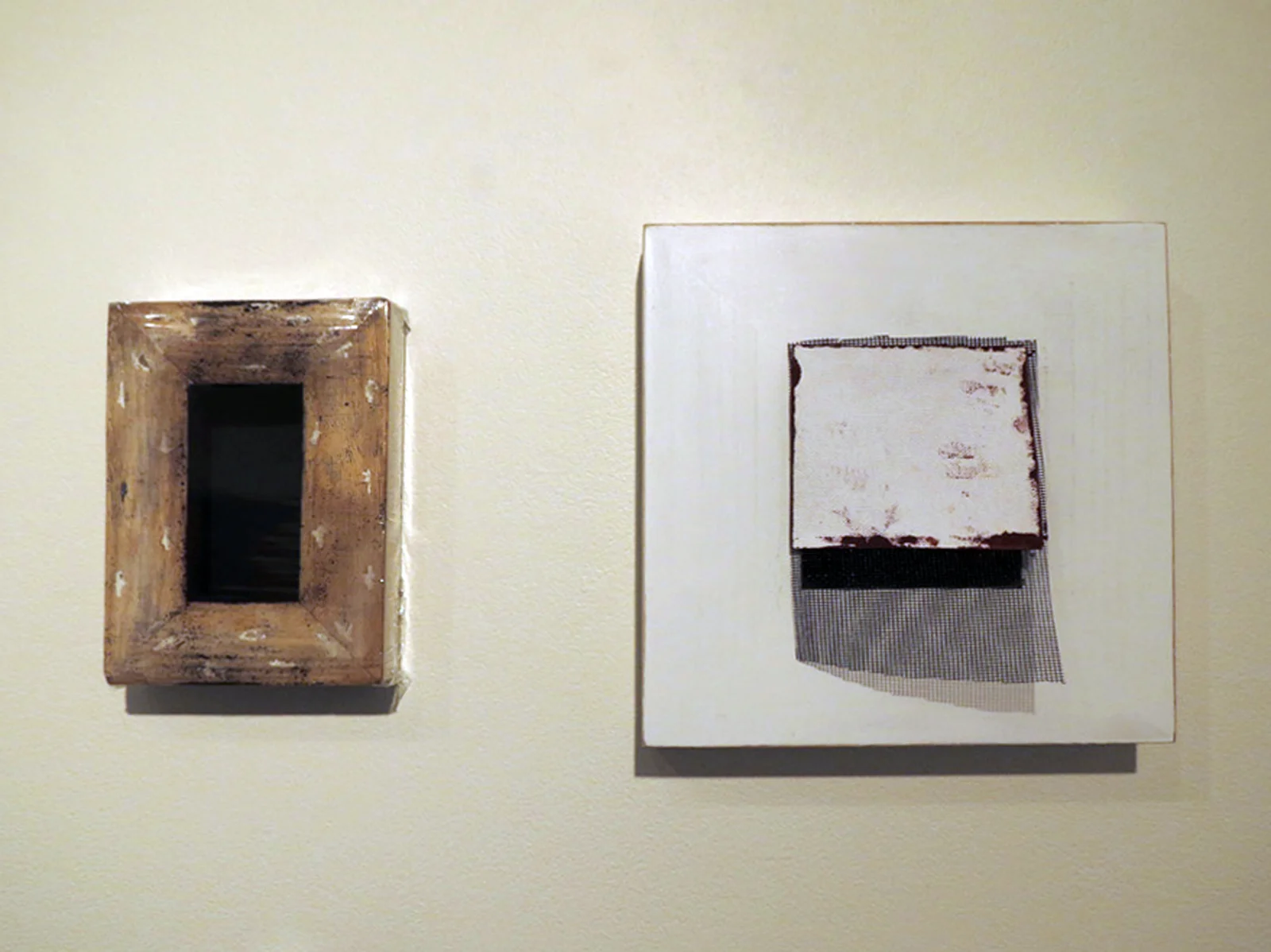 20 Void I, pigment, flocking, gesso, plastic wrap on timber frame, $374 and 21 Void II, pigment, filler, flocking, mesh, gesso on timber fame, $325, Lesley Munro_1.jpg