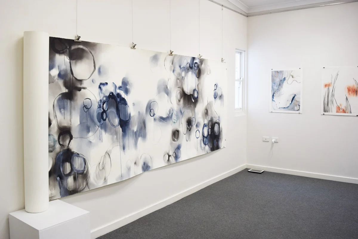   Threads,&nbsp; Gayle Mason,&nbsp;mixed media on paper emaki,&nbsp;10 metres long, $5000 