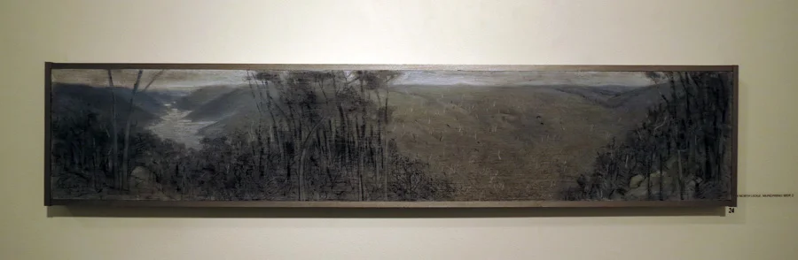  24. Madeleine Clear,  From North Ledge, Mundaring Weir 2 , coloured graphite, charcoal on wood, 2014, $990 