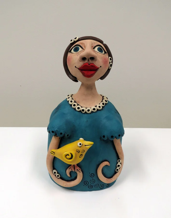  17.&nbsp;Louise Simonette,&nbsp; Celia and Her Yellow Canary , stoneware paper clay,&nbsp;$380 