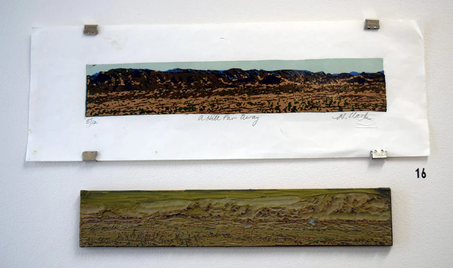  16. Helen Clarke,&nbsp; A Hill Far Away , 5 of 12, linocut on bamboo paper with plate,&nbsp;$160 