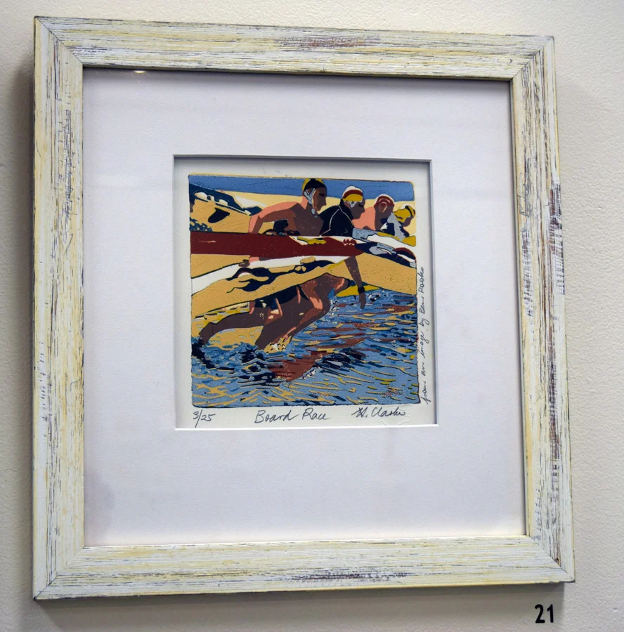  21. Helen Clarke,&nbsp; Board Race , 3 of 25, linocut,&nbsp;$200 