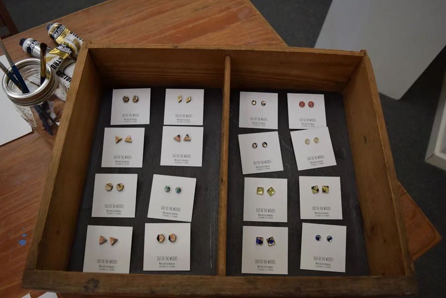   Gifted &nbsp;- Kath Stanwix,&nbsp;lasercut and handpainted timber earrings and glass earrings,&nbsp;from $20 per pair 