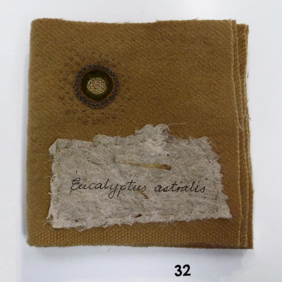  32. 'Eucalyptus astralis', Anne Williams, plant dyed woollen blanket, linen, hand made paper, hand dyed threads, $110 