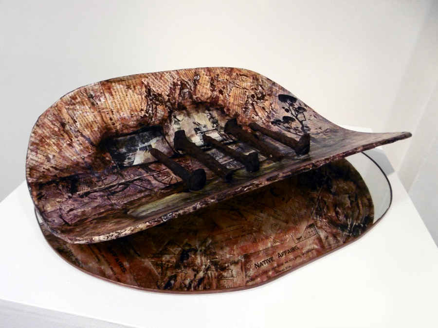  'Colliding Cultures', Norma MacDonald, mixed medium on plywood, mirror, acquired by the Shire of Mundaring 