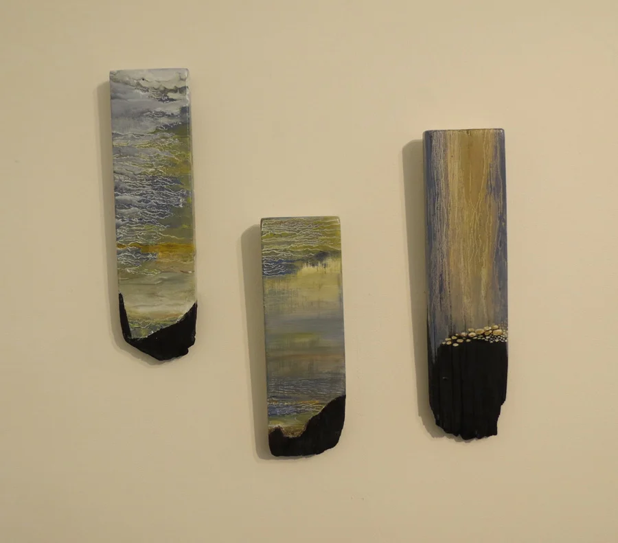  10. 'Waiting 1', Caroline Lyttle, oils on recycled wood, $140  11. 'Waiting 2', Caroline Lyttle, oils on recycled wood, $140  12. 'Waiting 3', Caroline Lyttle, oils on recycled wood, $140 