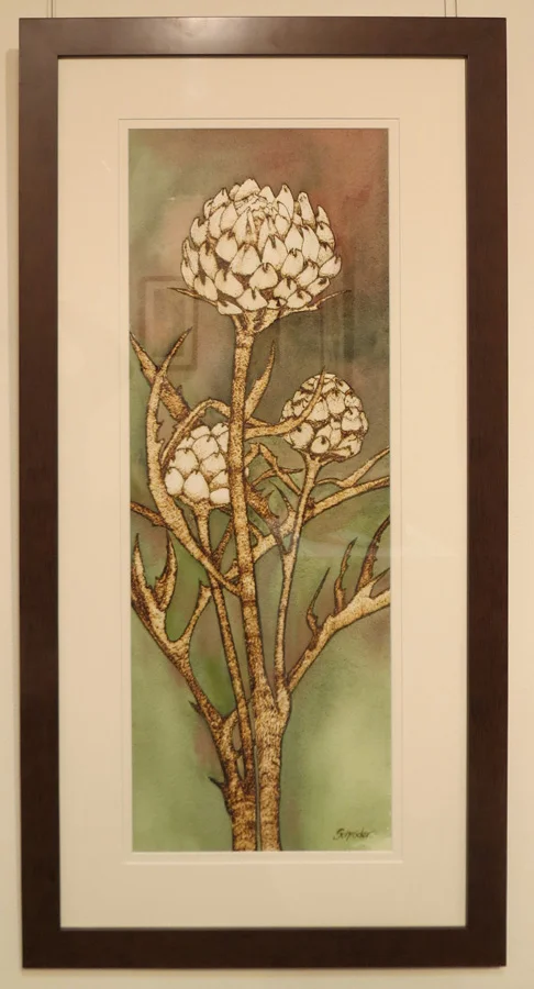 6. 'Artichoke Heads', Sandie Schroder, burnt paper and watercolour, $750 