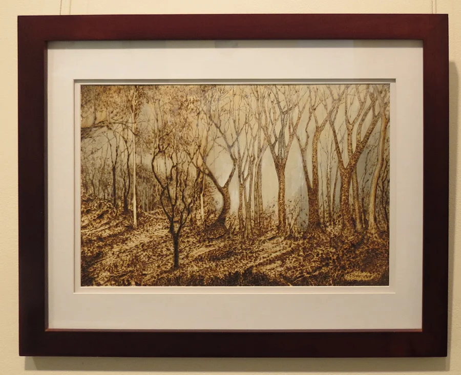  18. 'Smokey Haze', Sandie Schroder, burnt paper and watercolour, $440 