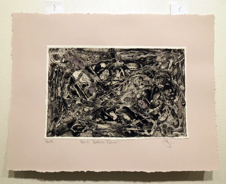  16. Dark Before Dawn, Elizabeth Morrison, 2017, Carborundum collograph, hand-colouring,collage on Stonehenge paper, 3 of 4, $275 