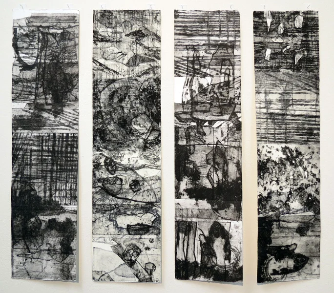  39. Near Willa Wyalong Creek 1, Dallas Perry, 2016, Four-panel collograph print on Tiepolo paper, 1 of 1, $400 