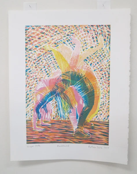  42. Backbend, Petra Saravanamuthu, 2017, Six-colour woodblock print on Stonehenge paper, 1 of 1, $100 