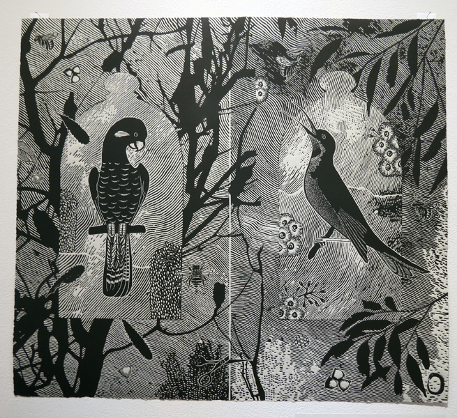  2. In the Service of Trees Bird Pollinators, Jenny Kitchener, Linocut, AP, Image size 51 x 58cm paper size 51 x 58cm, edition available from PCA 