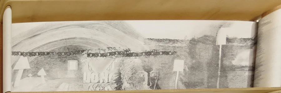  38. Peggy Lyon, 'It is said the vegetation here was…', Charcoal, graphite on paper, plywood, scroll machine created by Denise Brown, c.2005, 45 x 122 cm, $1,200 