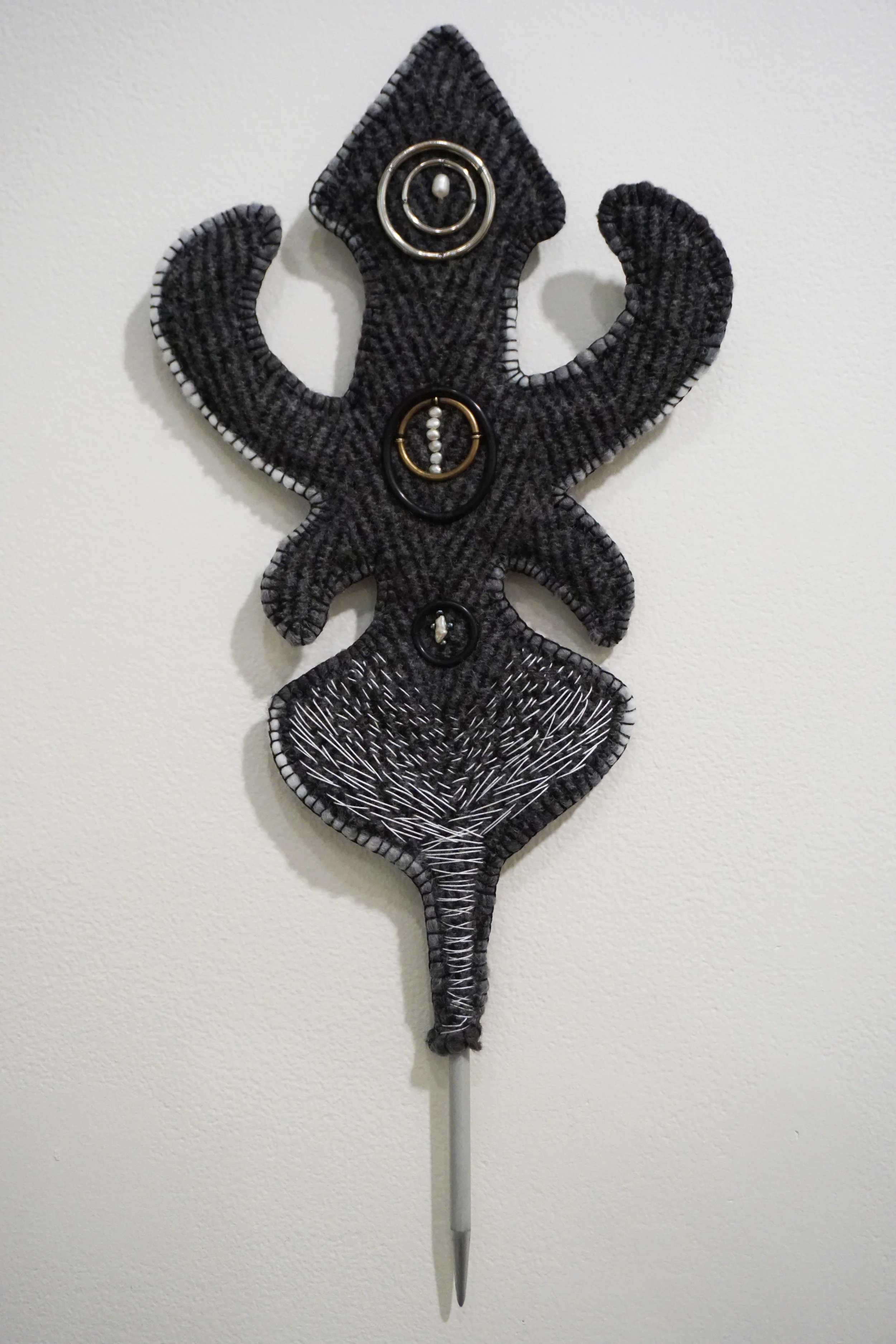  35. Katrina Virgona,  Margherita,  Knitting needle, blanket, found objects, glass beads and pearls $275 