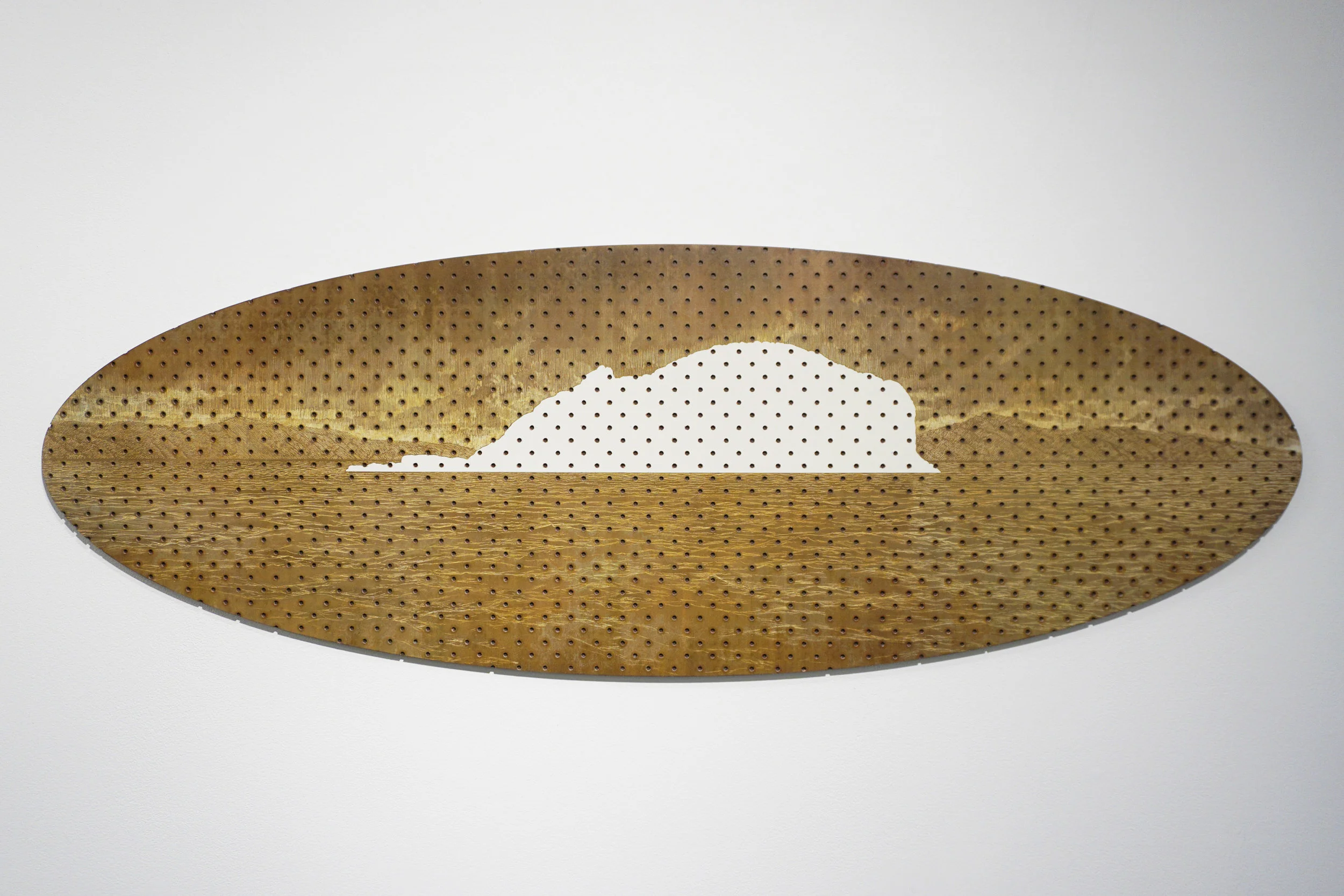  Tony Windberg,  Terra Nullius 1 ,  Cape Leeuwin,  2018, pegboard, sanded rust effect paint and sealnat on MDF, 43.5 x 127 x 1.5 cm. $3,400 